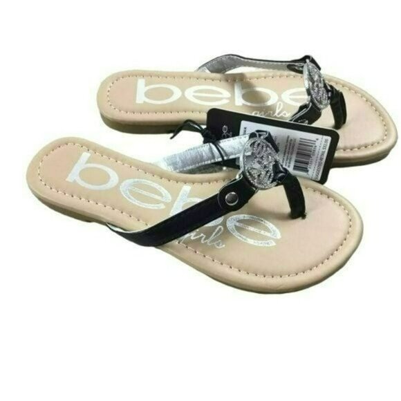 Bebe Kids Girls Shoes Black Rhinestone Logo Flip Flop Sandals New Size 12 - Picture 2 of 5